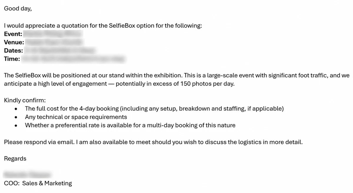 Client enquiry requesting a SelfieBox quotation, with private event details blurred