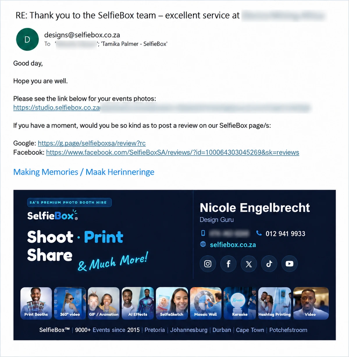 SelfieBox follow-up email sharing event photos and inviting a client review; private gallery link blurred