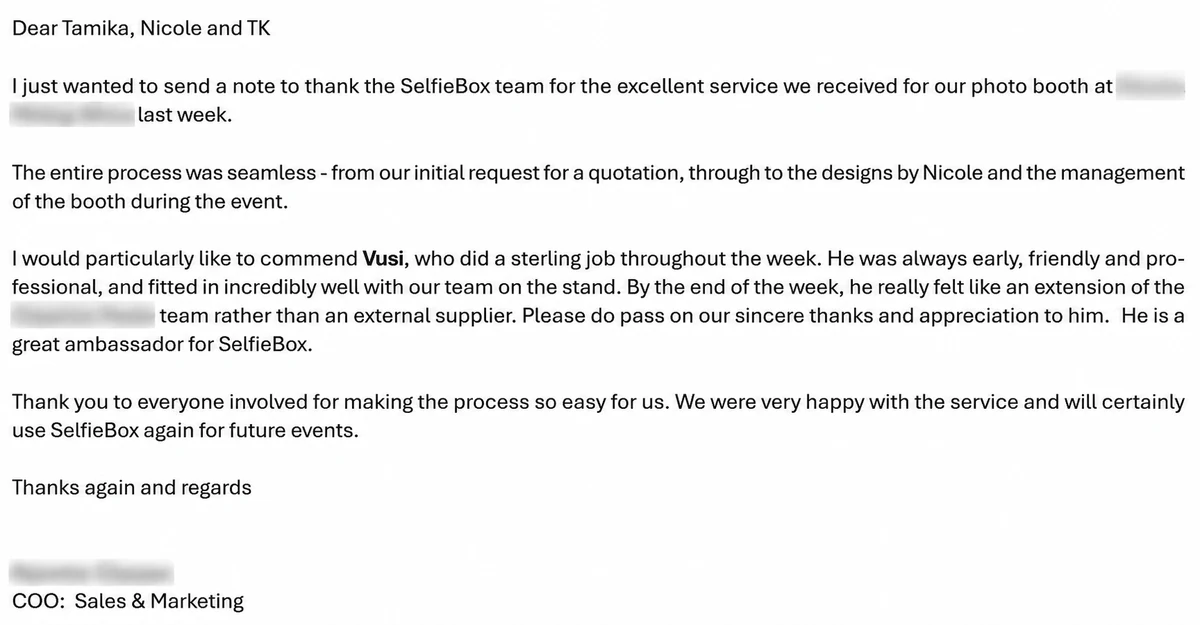 Client thank-you email praising the SelfieBox team and attendant Vusi, with private details blurred