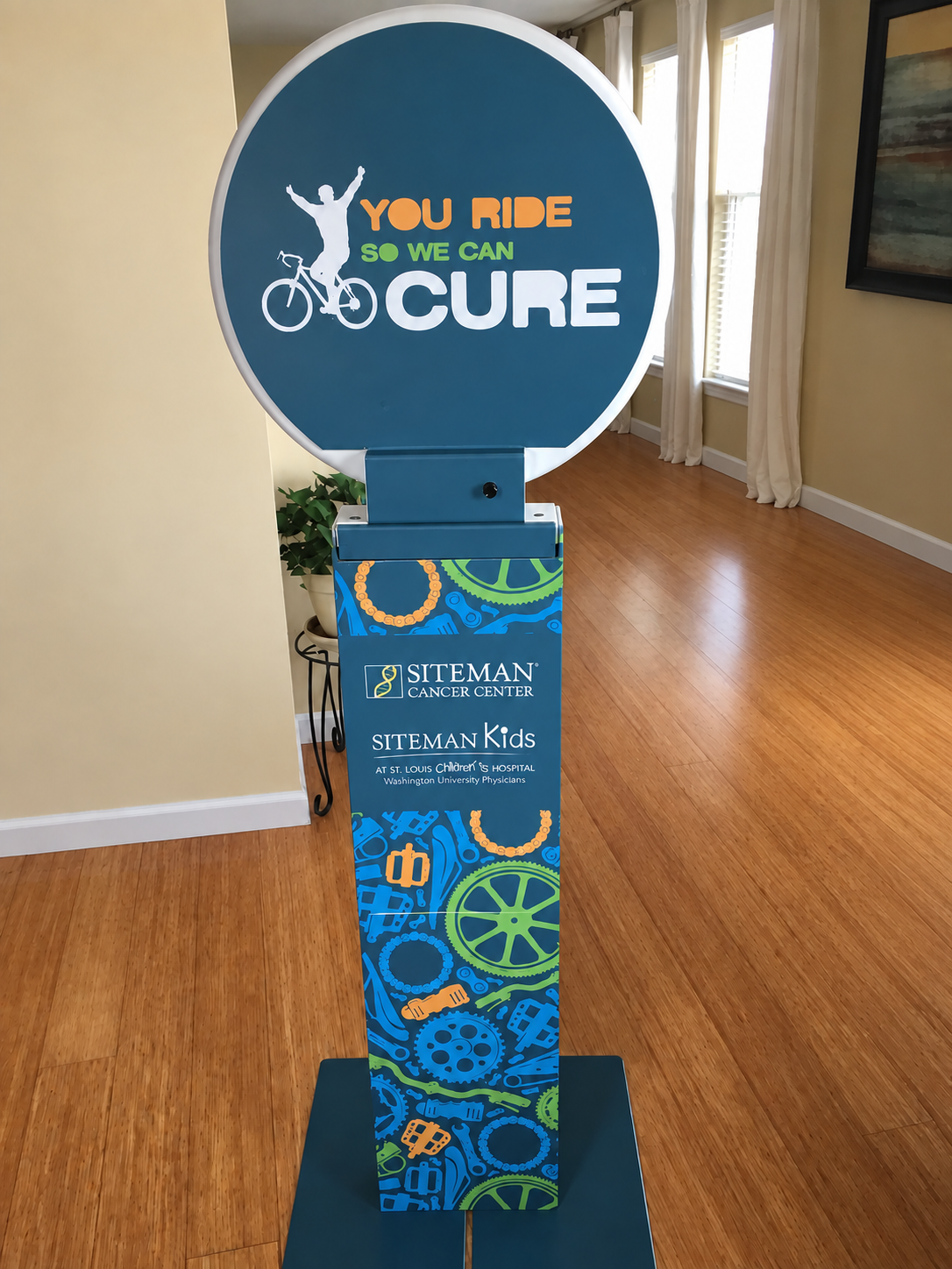 HaloBox with completed vinyl branding on its circular head and stand