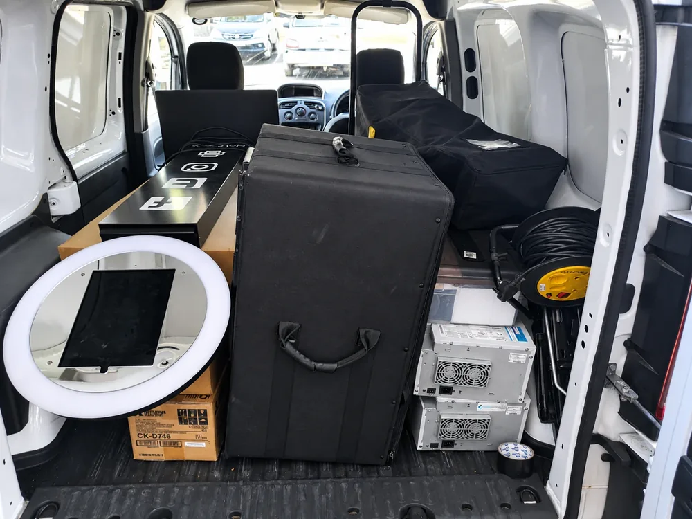 A loaded SelfieBox van ready to transport booths and equipment