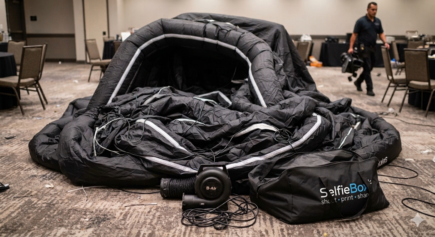 Inflatable SelfieBox being deflated and packed away after an event