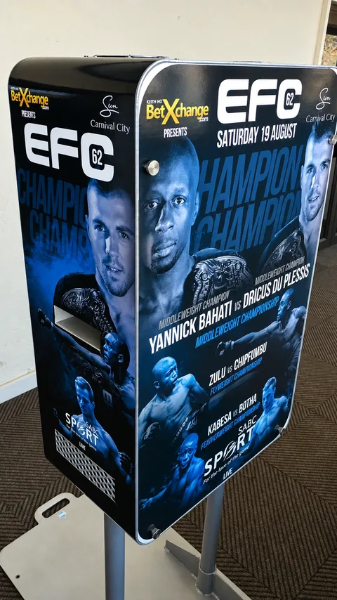 SelfieBox with full EFC vinyl branding on its front and side panels