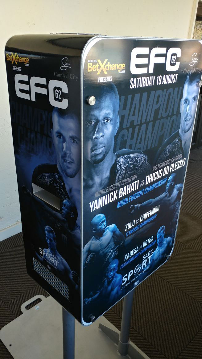 SelfieBox with full EFC vinyl branding on its front and side panels
