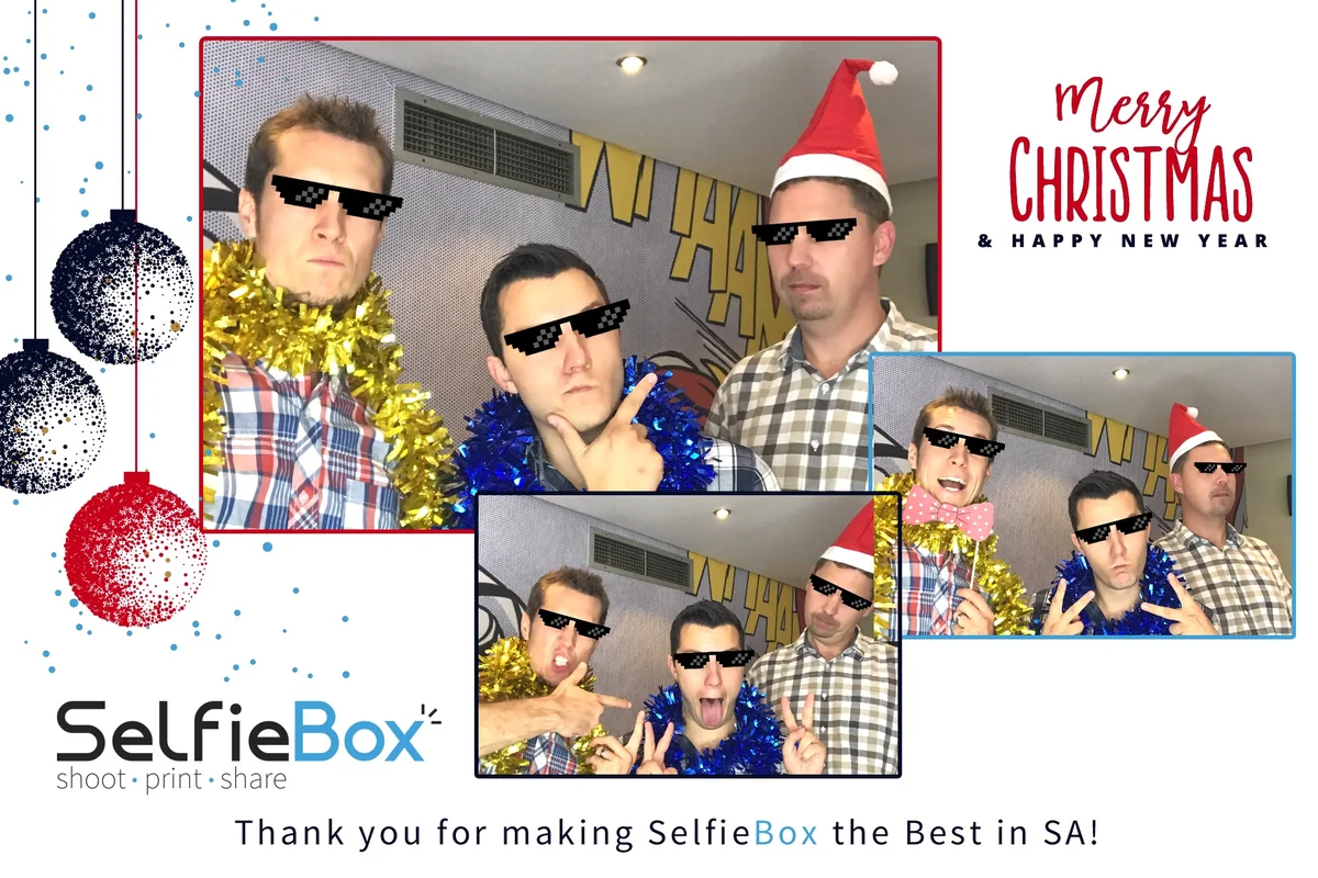SelfieBox team using pixel sunglasses and festive digital props