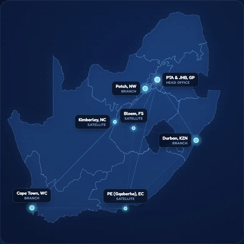 Map showing the growth of SelfieBox branches and satellite offices across South Africa