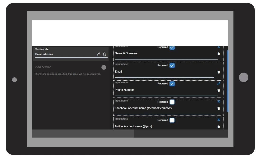Customisable SelfieBox data collection fields