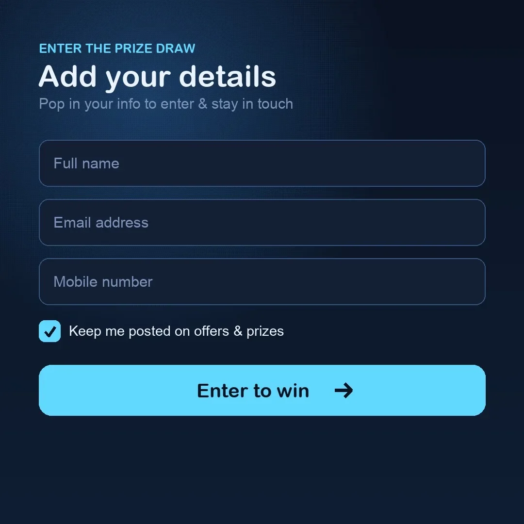 Branded prize entry form with a clear marketing opt-in