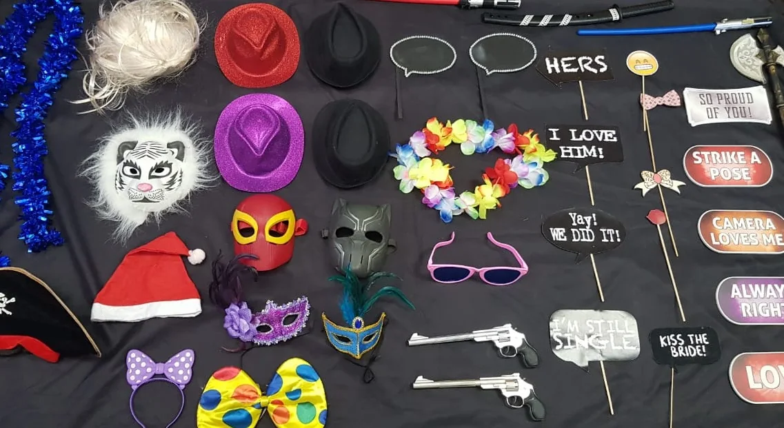 A large collection of traditional SelfieBox photo booth props