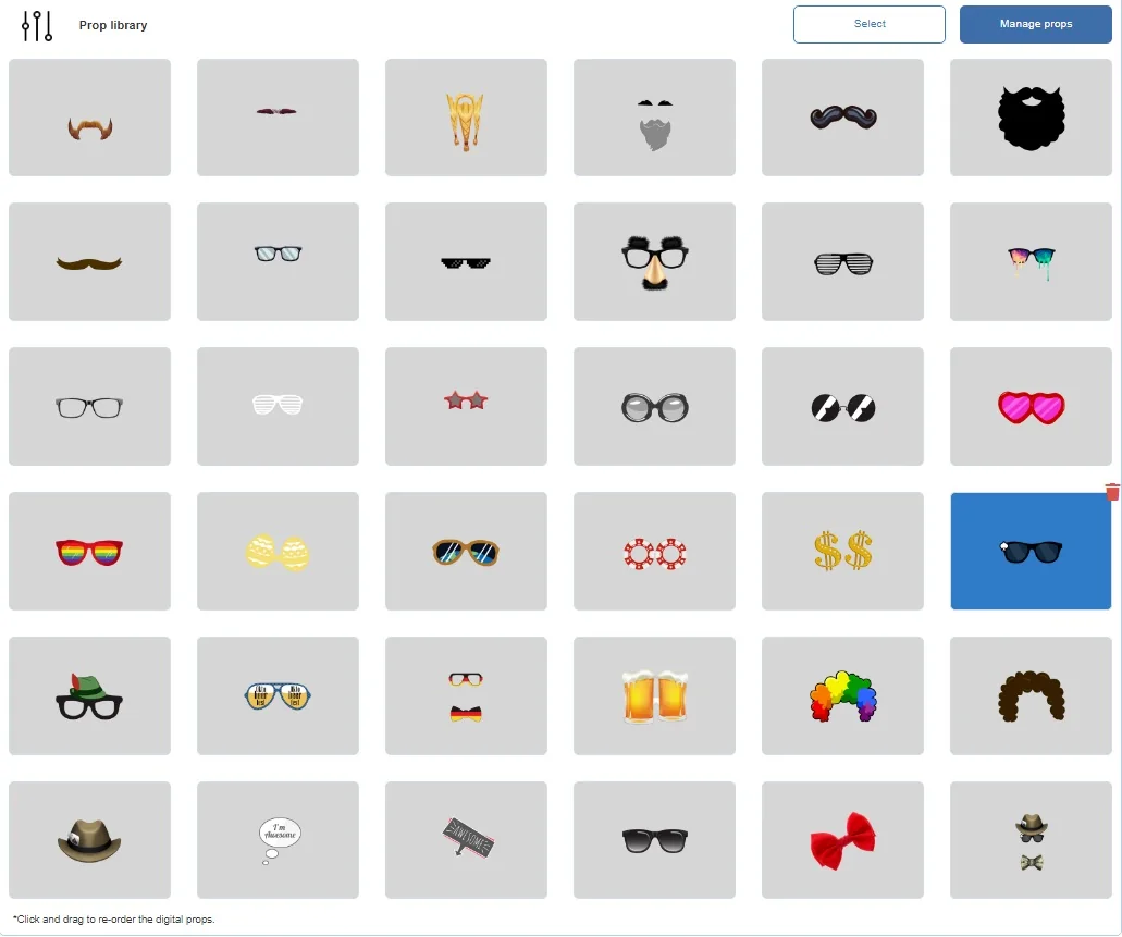 SelfieBox digital prop library with moustaches, glasses, hats and themed overlays