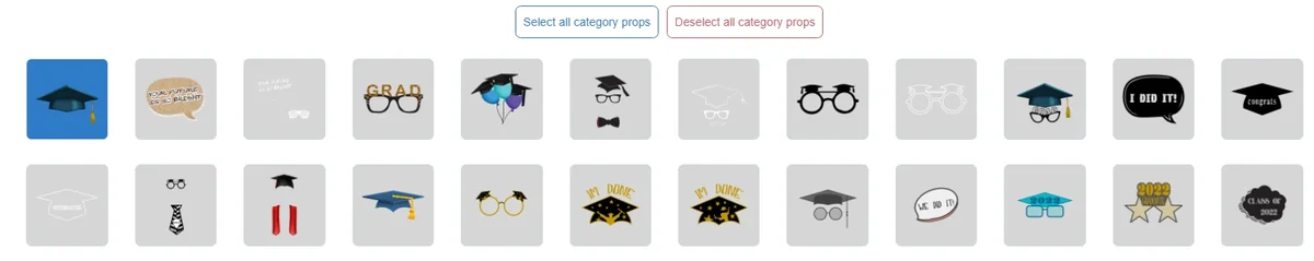 Graduation digital photo booth props including caps, glasses and celebration graphics