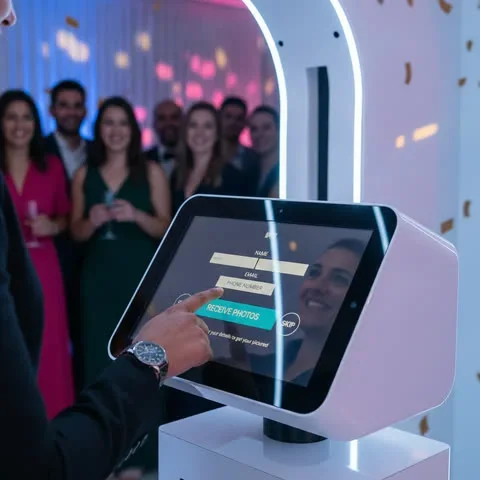 Guest entering details on a SelfieBox booth during an event