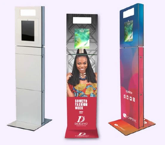 An unbranded SelfieBox shown beside two fully branded corporate photo booths