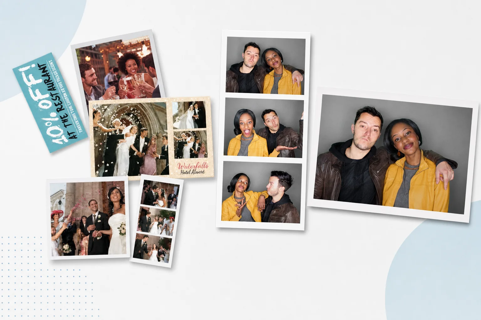 Collage of SelfieBox printed photo options including perforated prints, photo strips and a jumbo full photo