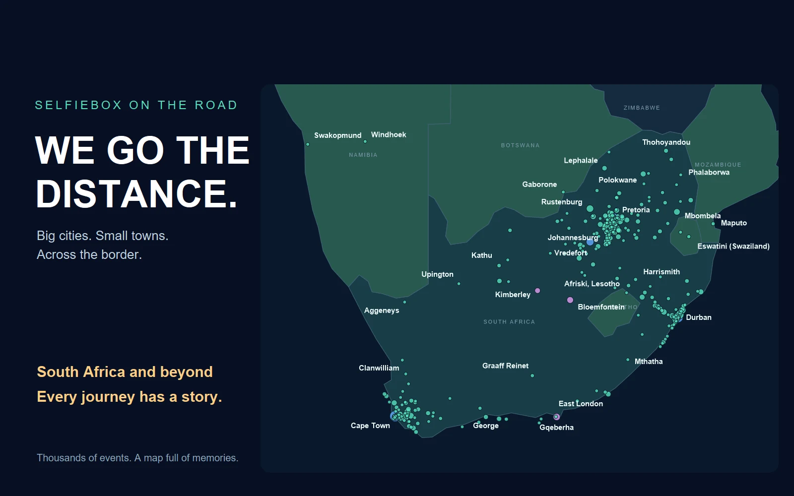 Map of SelfieBox event destinations across Southern Africa