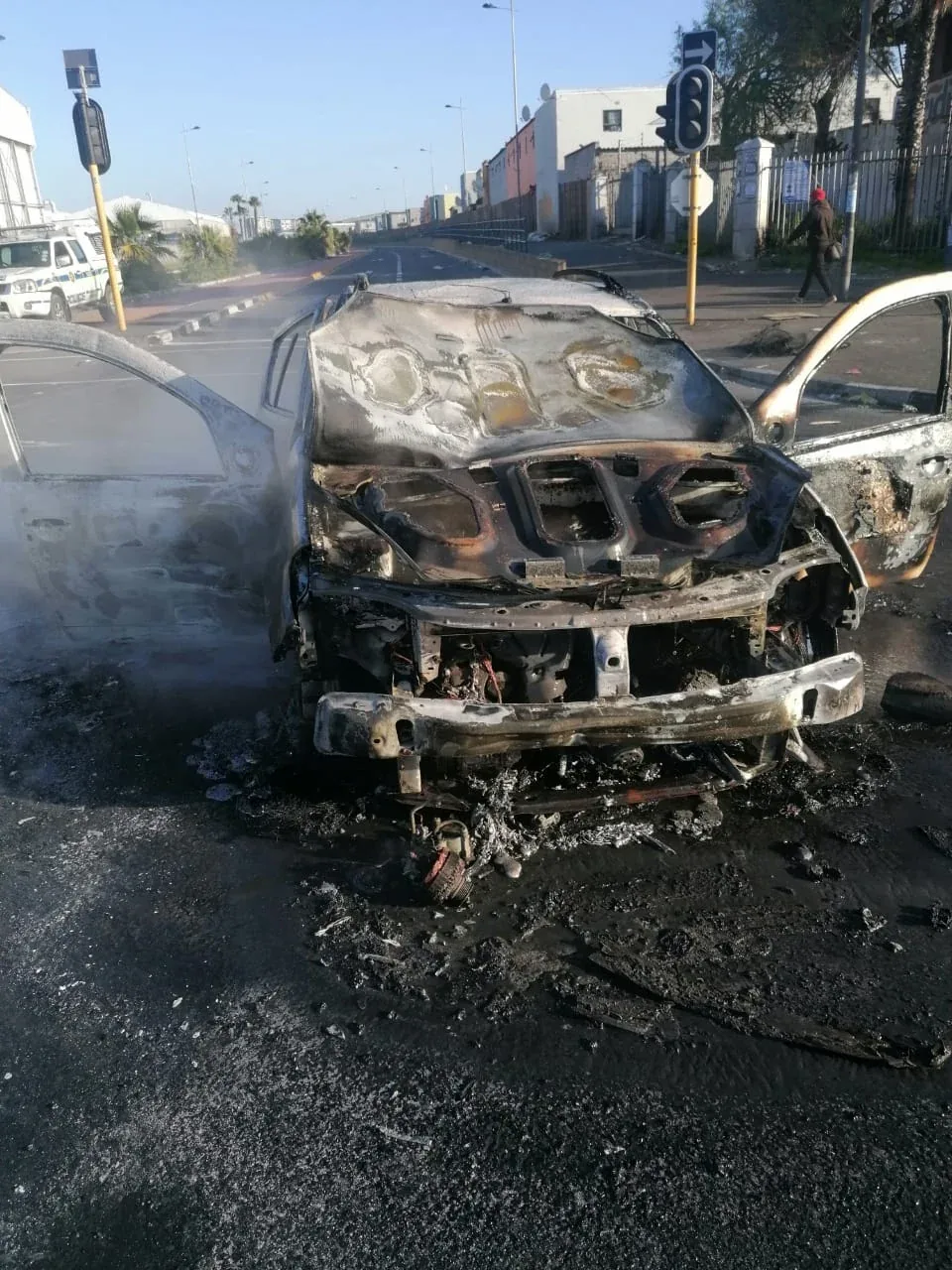 Our car after it was torched during the Cape Town taxi strikes. Our attendants escaped unscathed; the car, a 360 Spin, a HaloBox and a printer were lost.