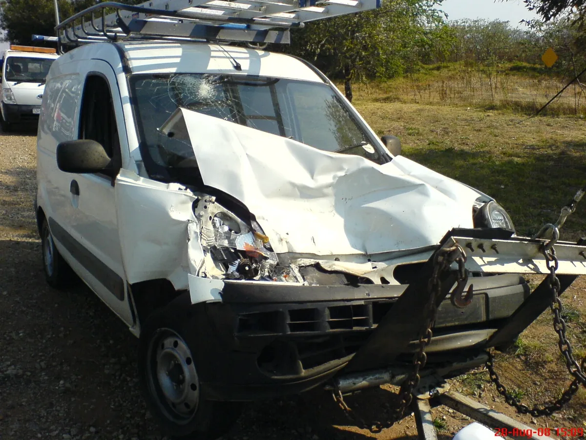 Severe front-end damage to a SelfieBox vehicle.