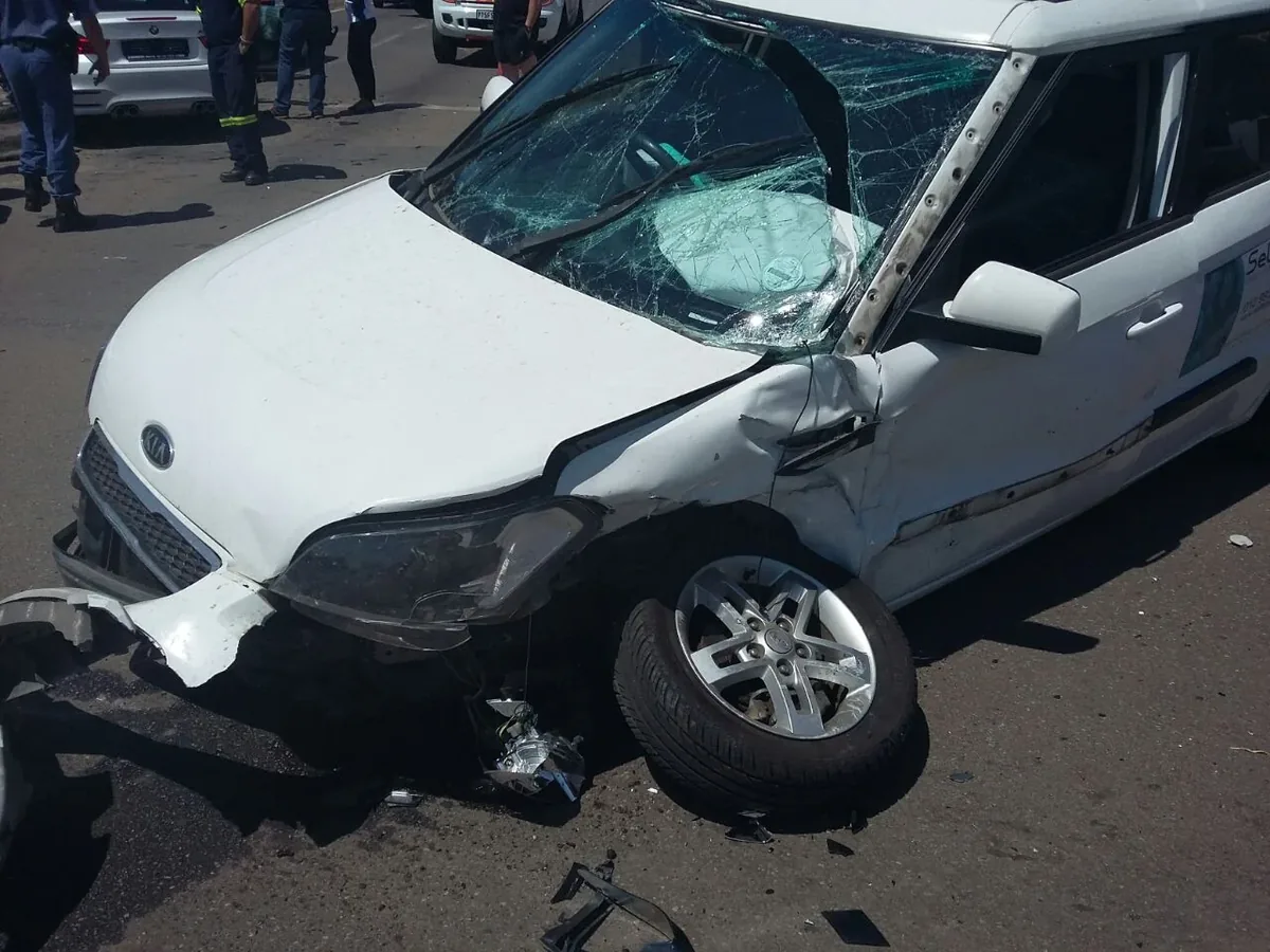 A crushed front end and shattered windscreen.