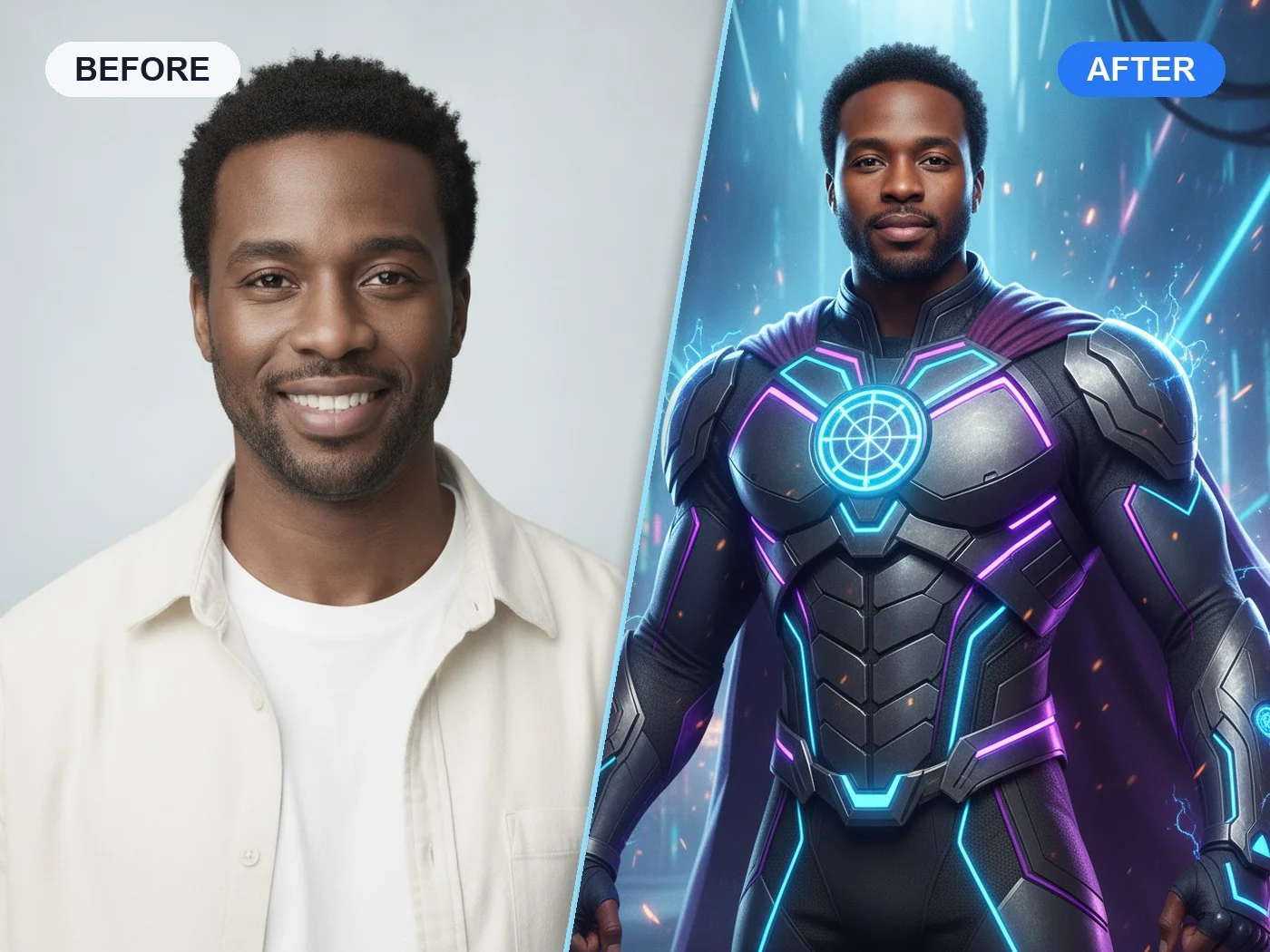 AI experience — before and after superhero transformation