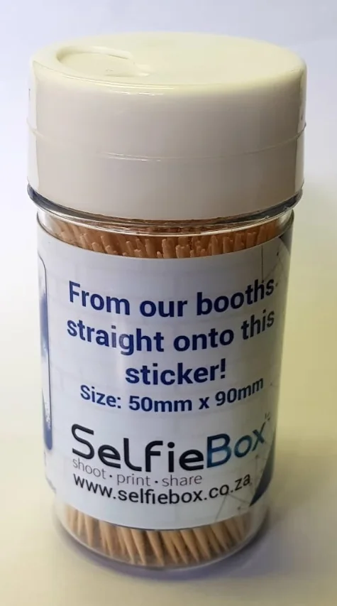 SelfieBox branded sticker on container